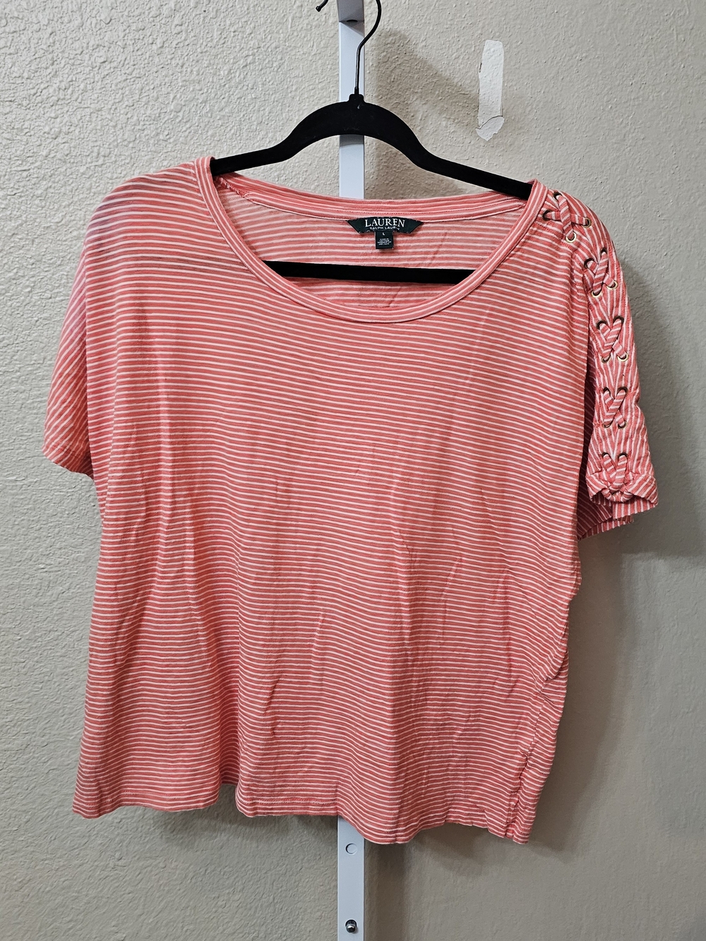 Ralph Lauren Coral & White Striped Short Sleeve Top with Lace-Up Sleeve